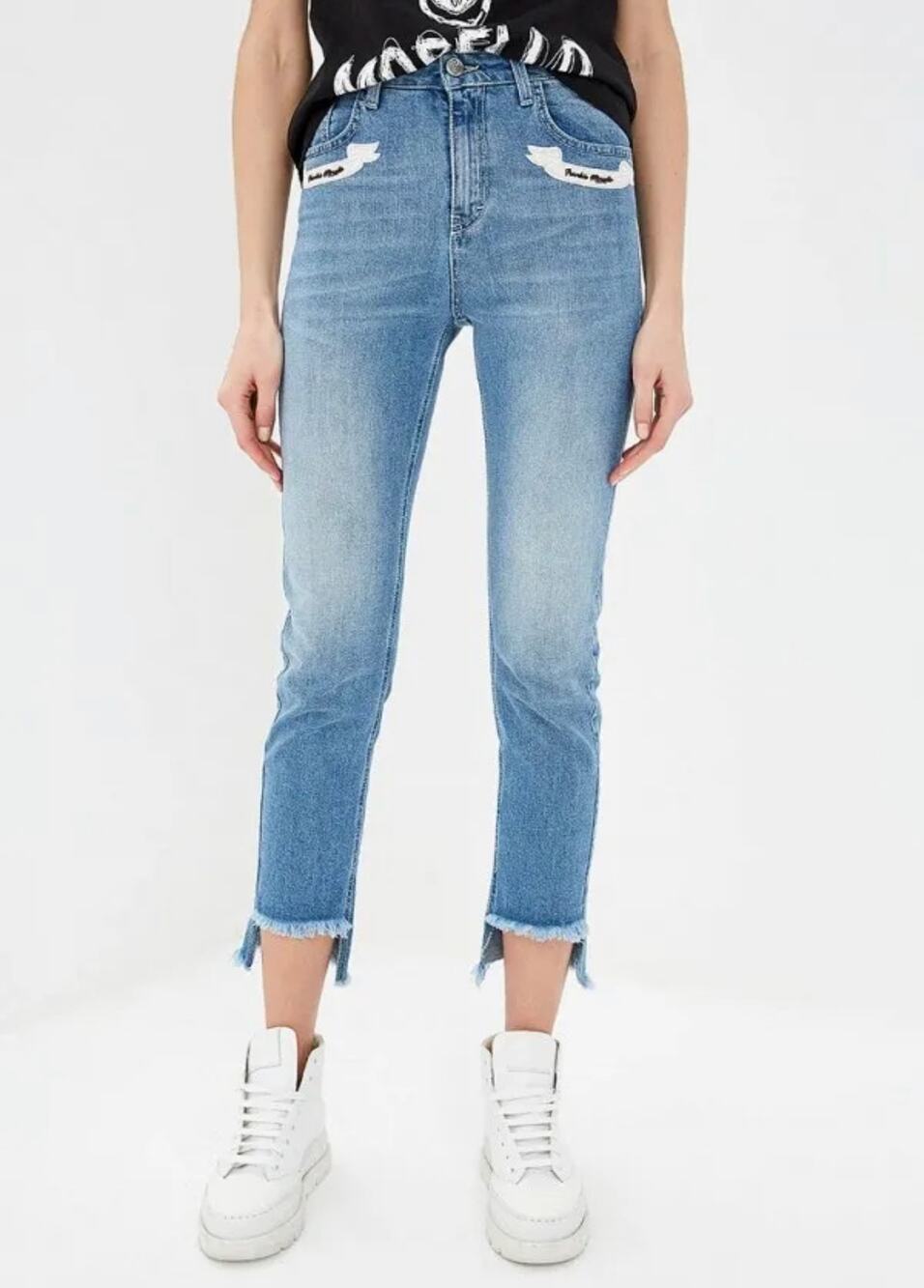 Frankie Morello High Waist Jeans Logo Patch Step Hem Raw Hem Straight Leg Jeans
